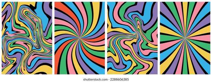 Groovy rainbow backgrounds. Set of colorful abstract backgrounds.Y2k aesthetic.Vector cards in retro psychedelic style.Groovy backgrounds.