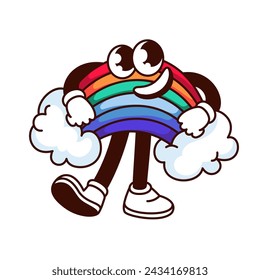 Groovy rainbow cartoon character with clouds. Funny retro arc of rainbow with color spectrum from blue, green to red. Spring weather mascot, cartoon sticker of 70s 80s style vector illustration