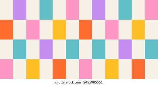 Groovy rainbow checkered seamless pattern. Geometric psychedelic square background in vintage 90s style. Gingham background with pink flowers.  Y2k style. Psychedelic groovy wallpaper. For textiles.