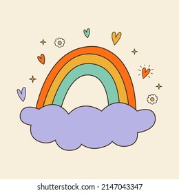 Groovy rainbow and cloud with deco elements. 70s, 80s, 90s vibes funky sticker. Retro vector illustration. Vintage nostalgia element for card, poster design and print