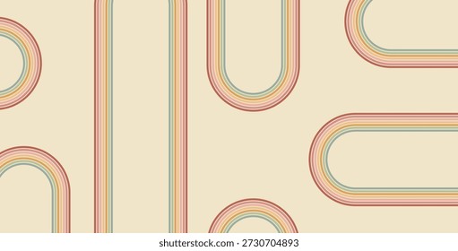 Fondo de líneas curvas de arco iris. Cubierta de colores vintage de rayas onduladas. Diseño juguetón de la pared del arco de la onda. Vector retro beige wiggle ornamento.