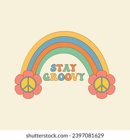 Groovy rainbow with daisies and peace symbol in a trendy retro 70s style. 'Stay groovy' quote. Vector illustration.