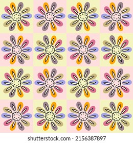 Groovy rainbow daisy retro seamless pattern in 1970s style. Floral simple background for textile, stationery, wrapping paper, covers. Doodle vector illustration for decor and design.