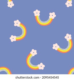 Groovy Rainbow With Flower Clouds In Blue Sky Vector Seamless Pattern. Hippie Child Arc And Daisies Background. Bright Summer Skies Surface Design For Nursery And Baby Fashion.