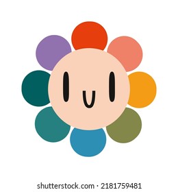 Groovy rainbow flowers with smiling faces, cartoon style. Abstract daisy emoji, 70s, 80s, 90s vibes.  Trendy modern vector illustration isolated on white background, hand drawn, flat design.