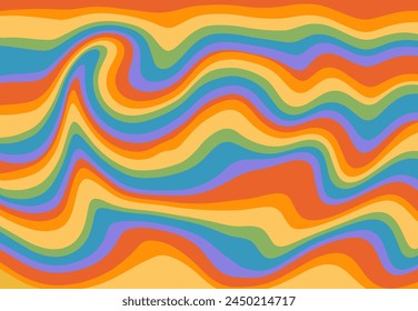 Groovy rainbow fluid waves background. Psychedelic retro abstract backdrop. Curve colorful stripes vector design in 60-70s hippie style. Trippy funky distorted backdrop