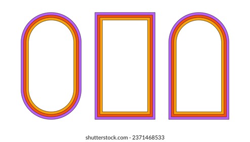 Los arcos de arcoiris gruesos en el estilo hippie de los años 70. Fronteras psicodélicas retro. Cuadro de texto de 70 divertidos. Buen fondo de vibraciones. Rectángulo de groovía y marco oval pop vintage. Ilustración vectorial.
