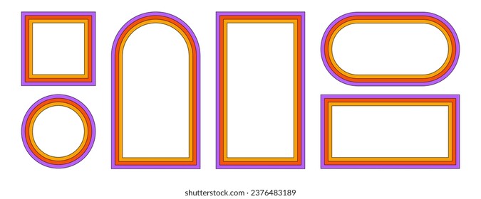 Groovy rainbow frames in 1970s hippie style. Psychedelic retro borders. Text box funky 70s. Good vibes background. Pop vintage groovy square and rectangle frame. Vector illustration.