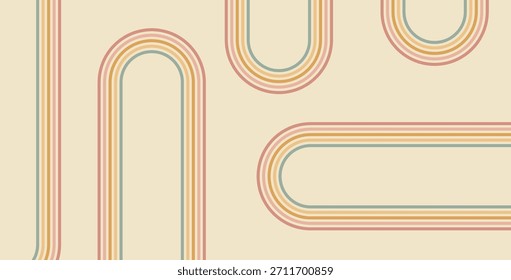 Groovy rainbow geometric lines background. Wavy stripes vintage colors cover. Playful squiggle wave arch wall design. Vector retro beige wiggle ornament. Backdrop with classic decor.