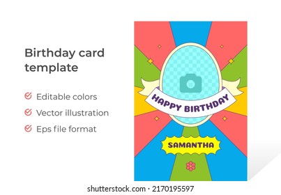 Groovy Rainbow Happy Birthday Card Template With Place For Photo Vector Cartoon Illustration. Festive Holiday Card Announce Award Ribbon Promo Pop Art Decorative Design