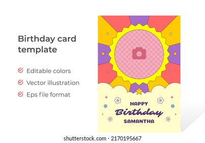 Groovy Rainbow Happy Birthday Card Template With Place For Photo Vector Cartoon Illustration. Festive Holiday Card Announce Award Ribbon Promo Pop Art Decorative Design