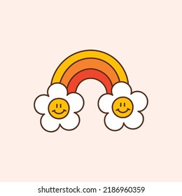 Groovy rainbow with happy daisies. Colorful vector illustration in vintage style. Retro 70s 60s design element or icon