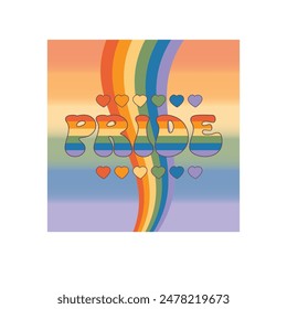 Groovy rainbow lettering Pride word. Retro vintage slogan LGBT and LGBTQ. Funky quote old style. Trendy hippie pride print design for posters, cards, social media, covers in groovy 60s 70s style