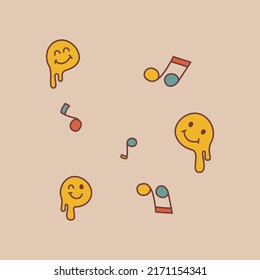 Groovy rainbow notes and melting smiles in doodle style. Isolated vector illustrstion in 1970 style for t-shirt, stickers, posters and postcards.