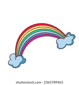 Groovy rainbow on clouds sticker vector illustration. Cartoon isolated funny retro patch with comic colorful rainbow, psychedelic cute varicolored symbol of happy fun and good mood, hippy disco vibes