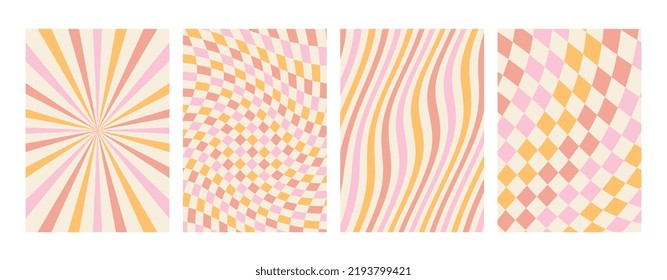 Groovy rainbow pastel backgrounds. Chessboard, grid, waves, swirl, vortex pattern.. Twisted and distorted vector texture in a trendy retro psychedelic style. The aesthetics of the hippies of the 70s.