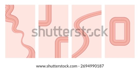 Groovy rainbow pink lines backgrounds set. Wavy stripes and rectangle frame girly vintage colors covers for social media collection. Playful wave wall designs. Vector retro ornament. Vertical covers.
