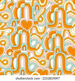Groovy Rainbow Retro Seamless Pattern. Psychedelic Doodle Wavy Background in Trendy 1970s Hippie Style. Colorful Trippy Rainbow Print for Fabric, Wrapping Paper, Web Design, Poster. Cute Cover Design