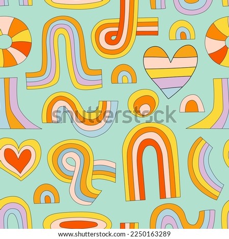 Groovy Rainbow Retro Seamless Pattern. Psychedelic Doodle Wavy Background in Trendy 1970s Hippie Style. Colorful Trippy Rainbow Print for Fabric, Wrapping Paper, Web Design, Poster. Cute Cover Design