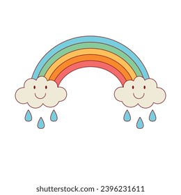 Groovy rainbow with smiling clouds and rain drops. Retro vintage colorful design element. Vector illustration isolated on white background