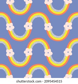 Groovy rainbow wave with flowers vector seamless pattern. Hippie child abstract arc and daisies background. Bright summer sky surface design for nursery and baby fashion.