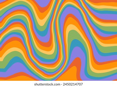 Groovy rainbow waves background. Psychedelic retro abstract backdrop. Curve colorful stripes backdrop in 60-70s hippie style. Trippy funky vector hand drawn illustration.