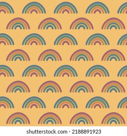 Groovy rainbows pattern. Seamless trendy retro background with smiles. Vintage repeat vector illustration.