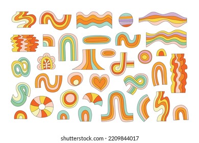 Groovy Rainbows set in retro 70s style. Hippie rainbow psychedelic vector collection. Groovy and Hippy stickers, Abstract design for print, collages, social media. Trendy bright design elements.