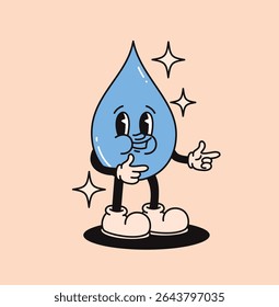Groovy raindrop character. Flat vector illustration.