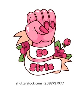 Groovy raised cartoon fist, Go Girls slogan. Funny retro pink hand with inspiration text on ribbon and roses. Feminism, girls power mascot, cartoon girly sticker of 70s 80s style vector illustration