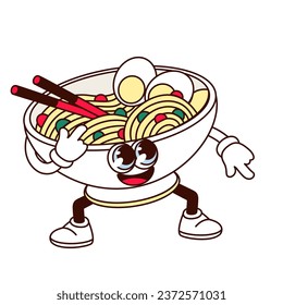 Groovy Ramen character vector illustration. Cartoon isolated retro psychedelic noodle soup in bowl with chopsticks, cute mascot of Japanese or Chinese food pointing with finger, funny Ramen with smile