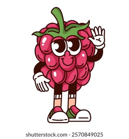 Groovy raspberry cartoon character waving to say Hi. Funny retro comic red berry in sneakers on feet greeting. Fruit, jam mascot, cartoon raspberry sticker of 70s 80s style vector illustration