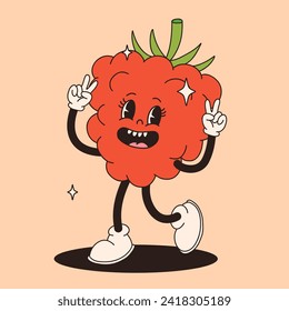 Groovy raspberry mascot. Funky retro character. cartoon raspberry, smiling, walking. Funny vintage trendy style character. Doodle Comic collection