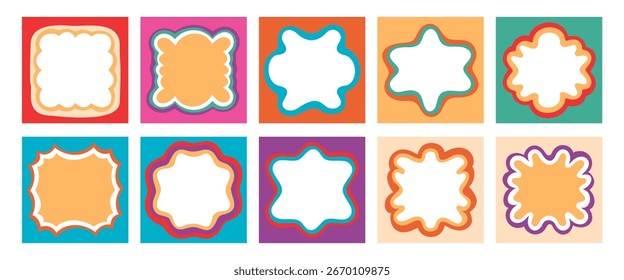 Os quadros de bolhas retangulares do Groovy em estilo de contorno retrô criam um conjunto de bordas divertido. Forma ondulada e borda de intermitência y2k formam fundo abstrato em negrito com contorno moderno e impacto visual divertido.