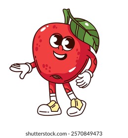 Groovy red apple cartoon character walking with smile. Funny retro happy organic apple with arms and legs. Fruit, vitamin summer juice mascot, cartoon sticker of 70s 80s style vector illustration