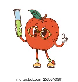 Caractere de maçã vermelha Groovy em óculos e frasco. Cartoon vetor maduro de comida de fruta personagem com um vintage, retro y2k, hippie escola vibe ensinando aula de química para crianças, dá um humor funky