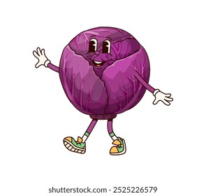 Groovy red cabbage vegetable character. Cartoon Vector cheerful, playful and quirky cabbage with a happy expression, wearing colorful sneakers and waving with both arms, exudes a fun and retro vibe