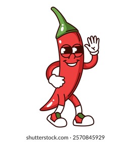 Groovy red chili pepper cartoon character walking and waving hand. Funny retro vegetable for Mexican salsa. Spicy food mascot, cartoon hot cayenne pepper sticker of 70s 80s style vector illustration