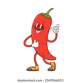 Groovy red chili pepper vegetable character. Agriculture whole veggie retro hippie vector mascot, hot chili pepper funny mascot or vegetarian food organic farm product groovy isolated character