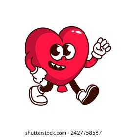Groovy red heart balloon cartoon character with happy smile. Funny retro shining air ballon walking to Valentines Day party, love mascot, cartoon heart sticker of 70s 80s style vector illustration