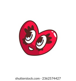 Groovy roter Herzfigur, Vektorgrafik. Cartoon einzeln psychedelischer Retro-Aufkleber mit Liebe Emoji, lustiges romantisches Herz mit süßem Lächeln, Augen und Wimpern, emotionaler Flirt