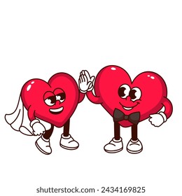 Groovy red hearts cartoon characters holding hands. Funny retro bride and groom with smiles, love and wedding mascot, cartoon happy hearts together sticker of 70s 80s style vector illustration