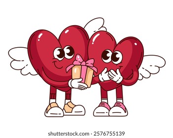 Groovy red hearts cartoon characters giving gift of love. Funny retro happy heart with white angel wings holding box. Valentines day mascot, cartoon sticker of 70s 80s style vector illustration