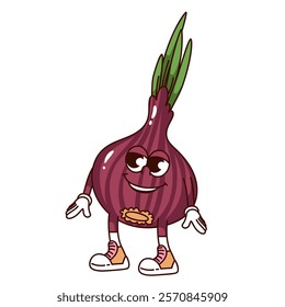 Groovy red onion cartoon character with green leaf standing. Funny retro purple bulb for spicy food cooking. Vegetable mascot, cartoon onion with smile sticker of 70s 80s style vector illustration