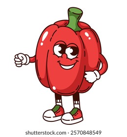 Groovy red paprika cartoon character with happy face. Funny sweet retro bell pepper for vitamin salad. Food ingredient mascot, cartoon cute paprika sticker of 70s 80s style vector illustration