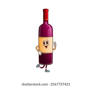 Groovy red wine bottle funny character. Anniversary celebration bordeaux beverage cartoon vector mascot. Restaurant alcohol drink bottle happy personage, isolated red wine cheerful groovy character