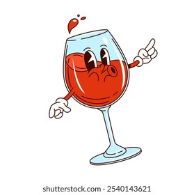 Personaje de copa de vino tinto groovy, personaje de bebida alcohólica juguetona. Vidrio de vino aislado de la bebida del Vector de la historieta con el chapoteo y la cara divertida listos para la celebración y el disfrute con vibraciones alegres y animadas