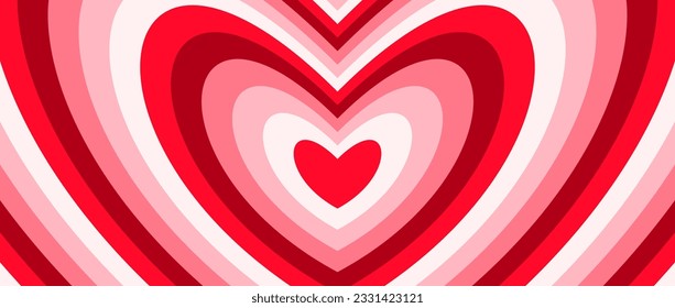 Groovy repeating hearts background. Red and pink romantic pattern. Concentric hypnotic heart design in retro style. Abstract horizontal valentines wallpaper. Vector