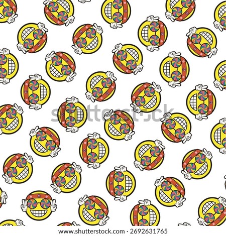 Groovy Repeating pattern of yellow smiley faces with wide grins and red swirl headbands in two variations. Ideal for playful textile, wallpaper, or youth-themed design assets.