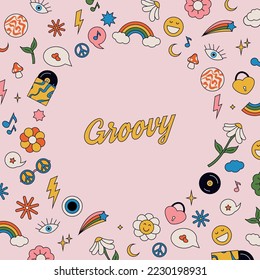 Groovy retro 1970 hippie poster in pastel circle with set of hippie elements: rainbow, clouds, daisies, stars, records, glasses, hearts etc. Lettering. Vintage hippie color banner. Vector illustration